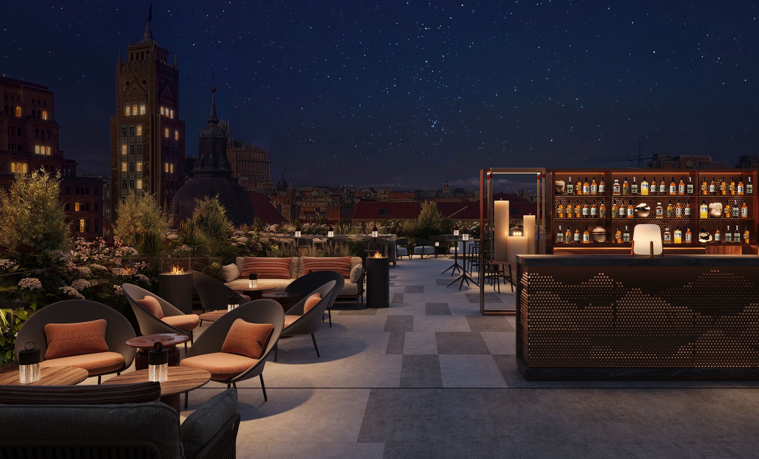 A rendering of the rooftop of NOBU Madrid hotel.