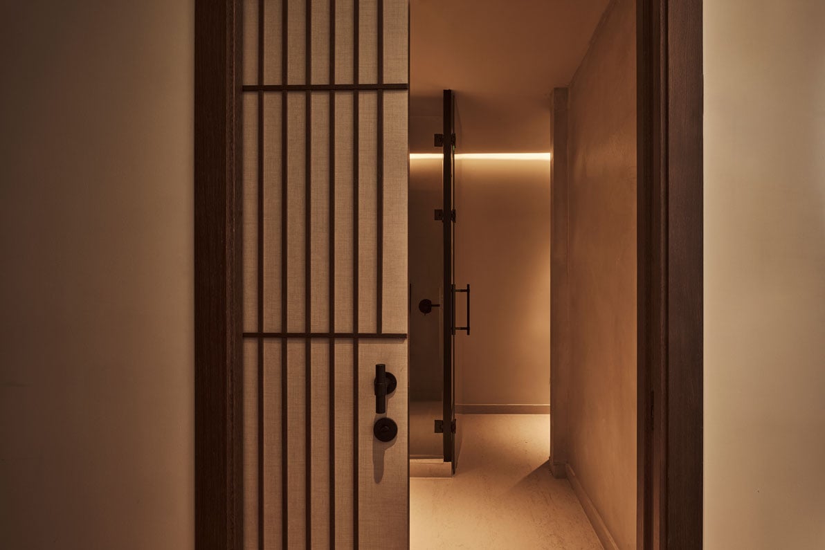 view into a bathroom past a door