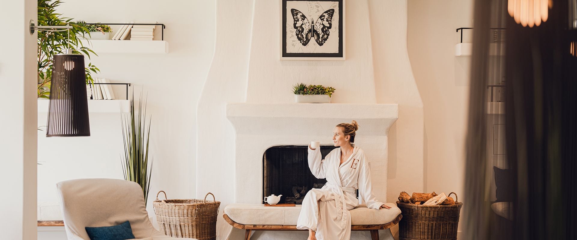 Women drinking coffee in spa lobby facility